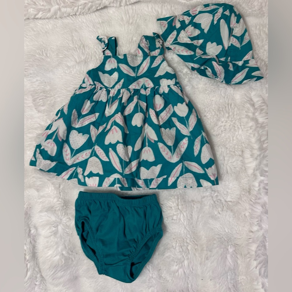Carter’s 3M Floral Dress Set with Bloomers & Sun Hat | Green Tulip Print